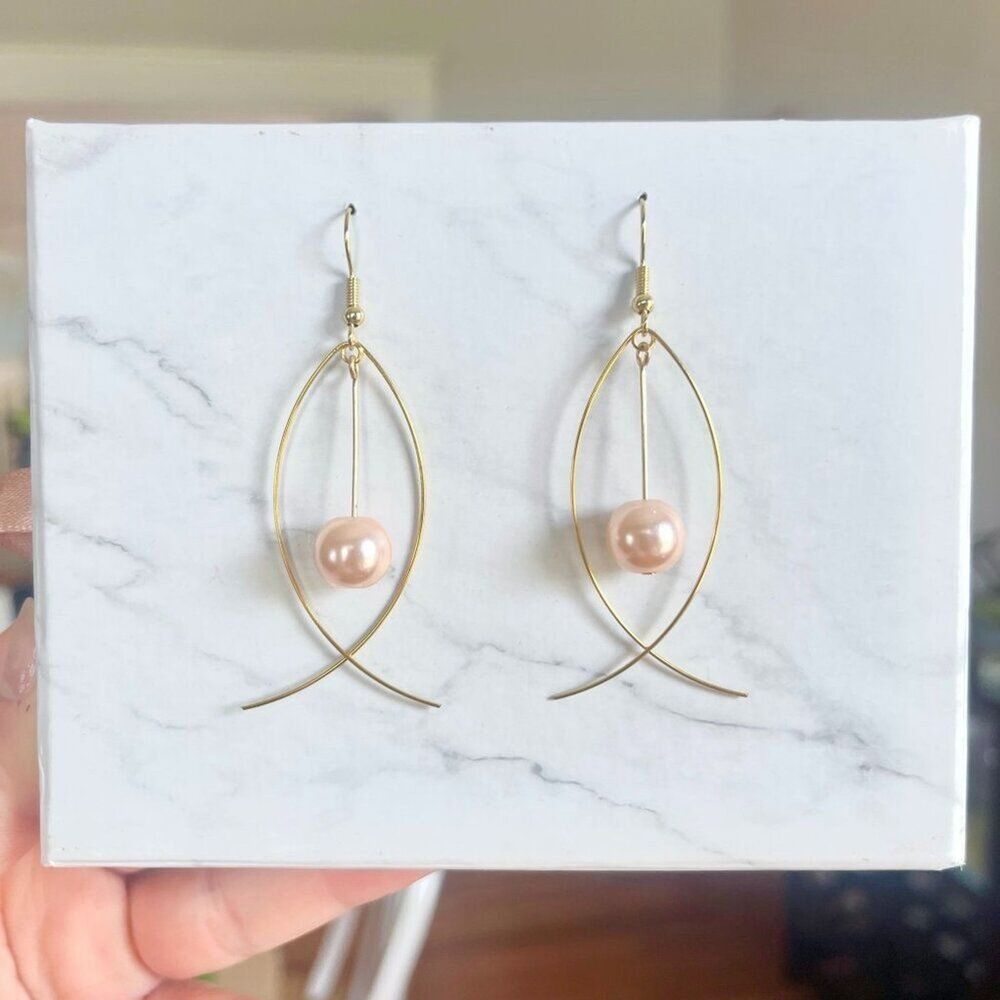 Gold Fish Earrings with Hanging Cream Faux Pearl Bead